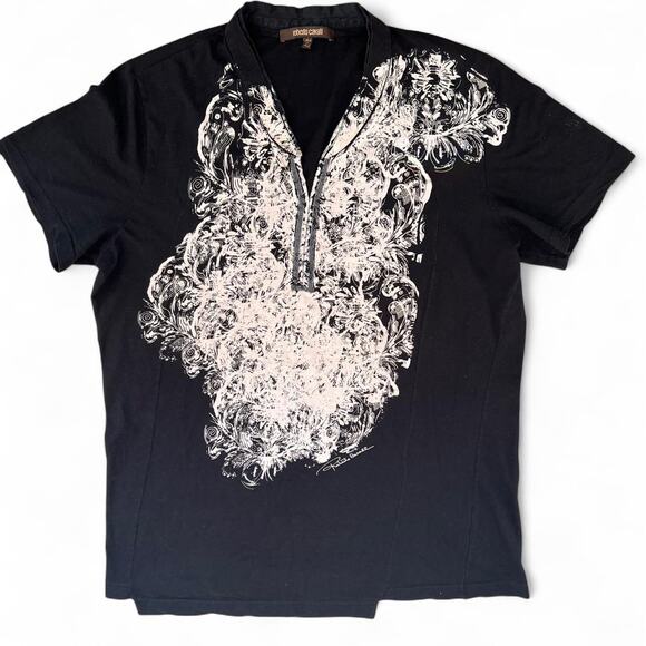 Roberto Cavalli Graphic Print Black Cotton Top T-Shirt Italy Size L - Picture 1 of 6